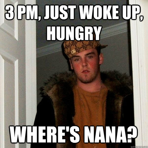 3 pm, just woke up, hungry Where's Nana?  Scumbag Steve