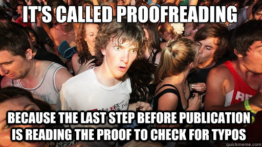 It's called proofreading
 because the last step before publication is reading the proof to check for typos  Sudden Clarity Clarence