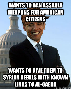 wants to ban assault weapons for american citizens  Wants to give them to syrian rebels with known links to al-qaeda  - wants to ban assault weapons for american citizens  Wants to give them to syrian rebels with known links to al-qaeda   Scumbag Obama