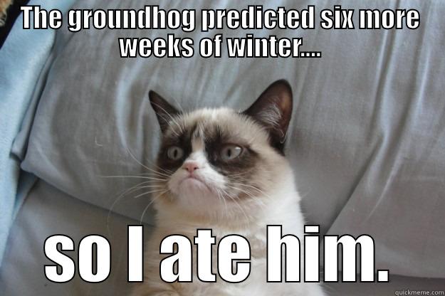 THE GROUNDHOG PREDICTED SIX MORE WEEKS OF WINTER.... SO I ATE HIM. Grumpy Cat