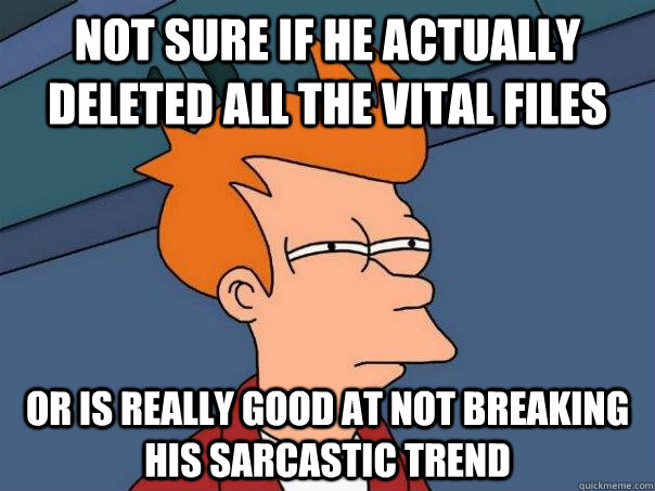 Not sure if he actually deleted all the vital files or is really good at not breaking his sarcastic trend - Not sure if he actually deleted all the vital files or is really good at not breaking his sarcastic trend  Futurama Fry