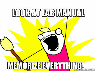 look at lab manual memorize everything!   All The Things