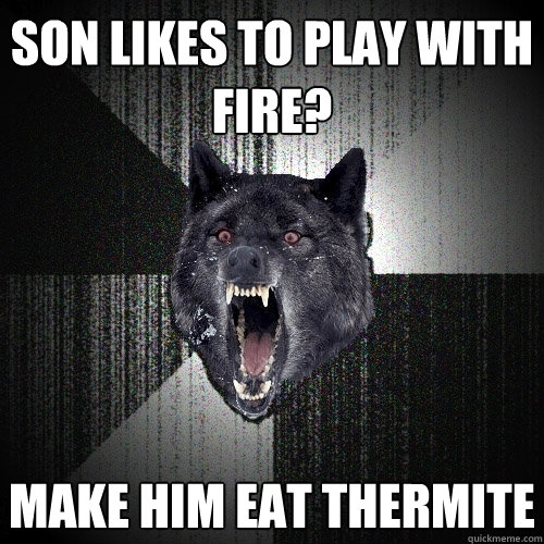 Son likes to play with fire? make him eat thermite  Insanity Wolf