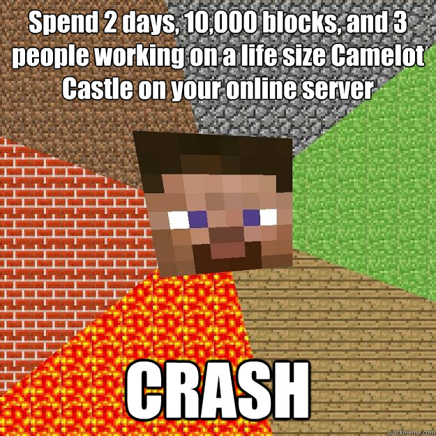 Spend 2 days, 10,000 blocks, and 3 people working on a life size Camelot Castle on your online server CRASH  Minecraft