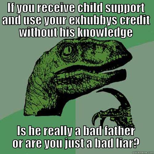 IF YOU RECEIVE CHILD SUPPORT AND USE YOUR EXHUBBYS CREDIT WITHOUT HIS KNOWLEDGE IS HE REALLY A BAD FATHER OR ARE YOU JUST A BAD LIAR? Philosoraptor