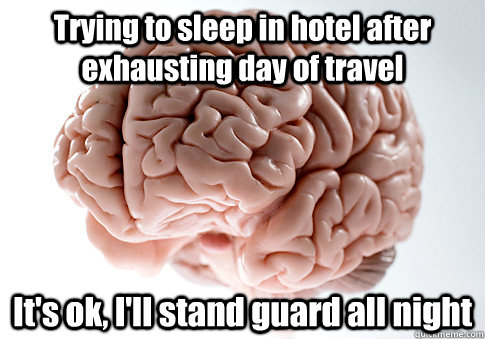 Trying to sleep in hotel after exhausting day of travel It's ok, I'll stand guard all night   Scumbag Brain