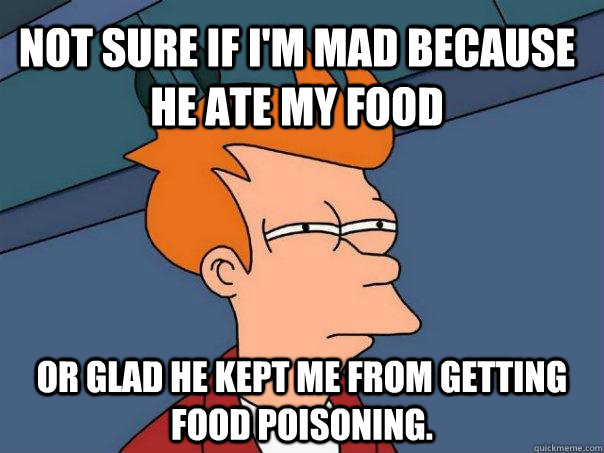 Not sure if I'm mad because he ate my food or glad he kept me from getting food poisoning.  Futurama Fry