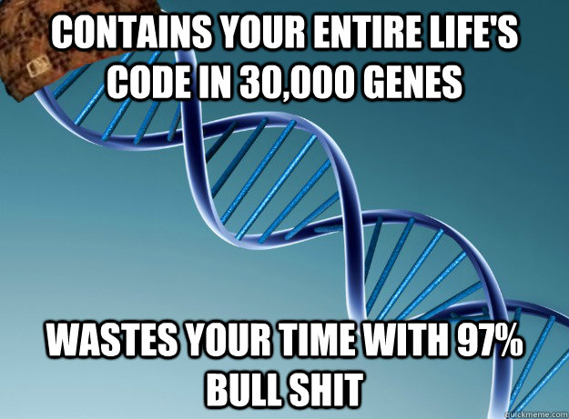 Contains your entire life's code in 30,000 genes Wastes your time with 97% bull shit  Scumbag Genetics