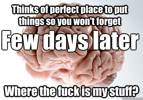 Thinks of perfect place to put things so you won't forget Where the fuck is my stuff? Few days later  Scumbag Brain