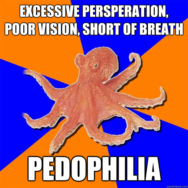 excessive persperation, poor vision, short of breath pedophilia  Online Diagnosis Octopus