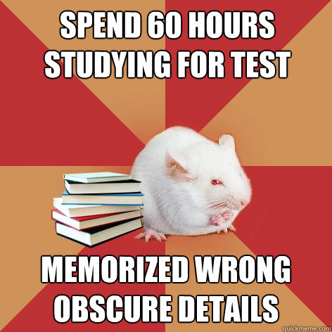 Spend 60 hours studying for test memorized wrong obscure details   Science Major Mouse