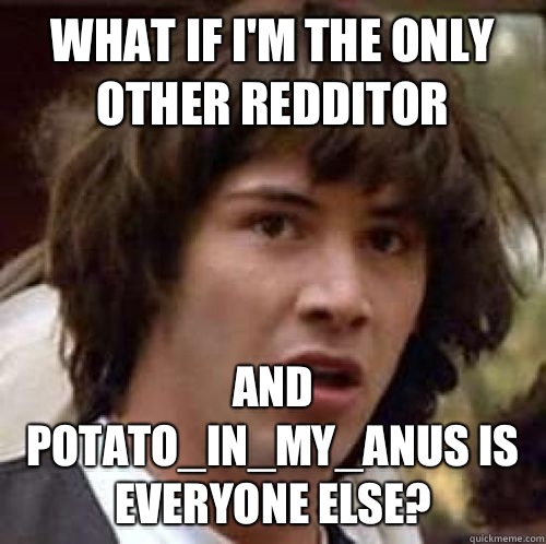 What if I'm the only other redditor and potato_in_my_anus is everyone else?  conspiracy keanu