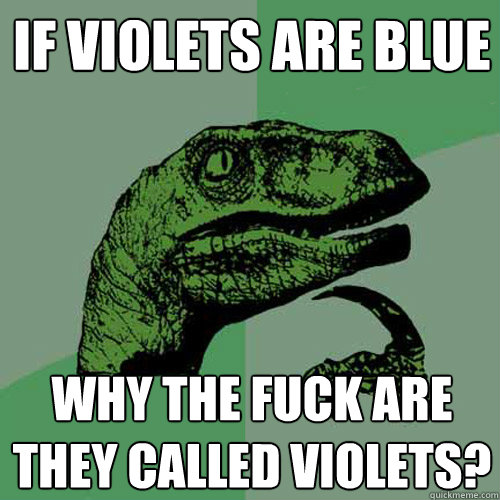 If violets are blue Why the fuck are they called violets?  Philosoraptor