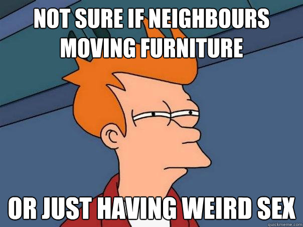 not sure if neighbours moving furniture Or just having weird sex  Futurama Fry