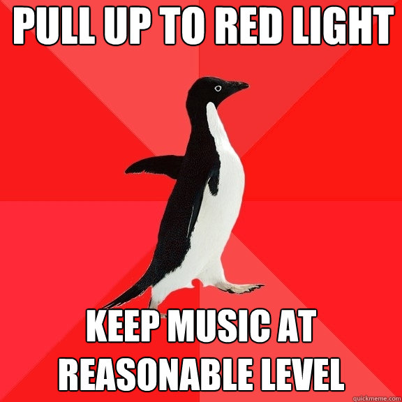 pull up to red light keep music at reasonable level  Socially Awesome Penguin