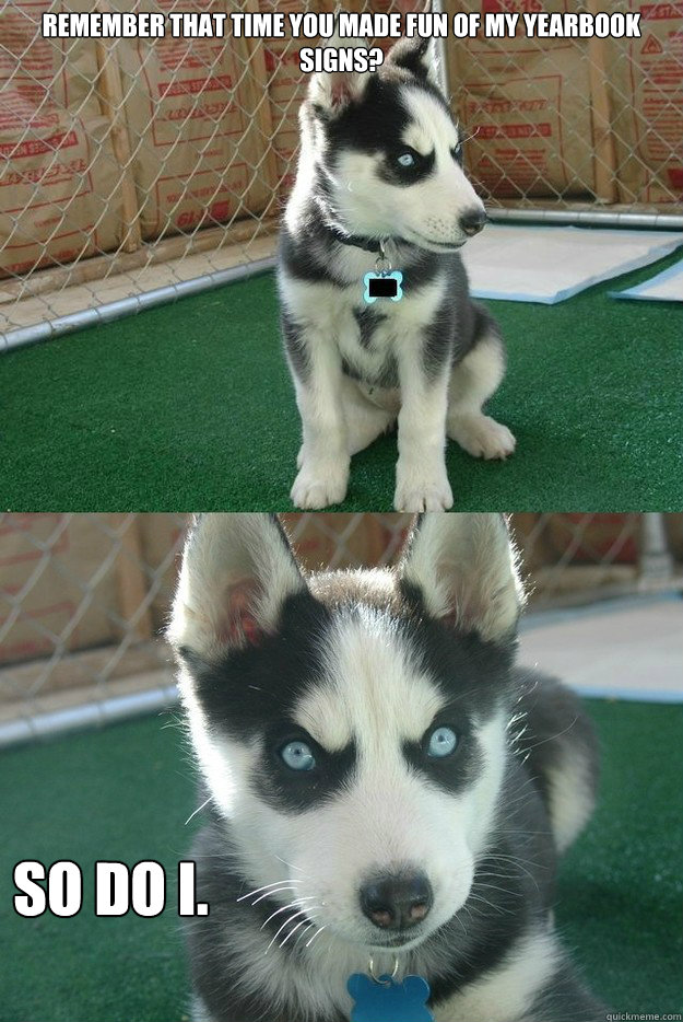 Remember that time you made fun of my yearbook signs? So do I.  Insanity puppy