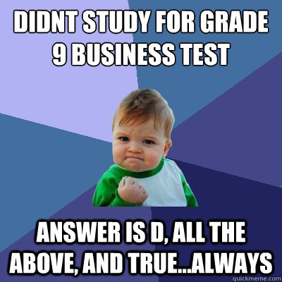 Didnt study for grade 9 business test answer is d, all the above, and true...always  Success Kid