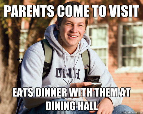 Parents come to visit eats dinner with them at dining hall  College Freshman