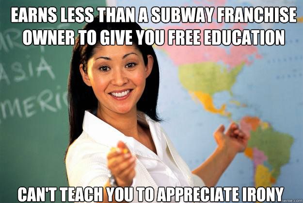 Earns less than a subway franchise owner to give you free education can't teach you to appreciate irony  Unhelpful High School Teacher