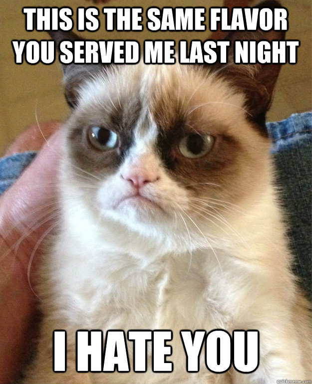 this is the same flavor you served me last night i hate you  Grumpy Cat