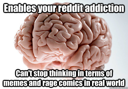 Enables your reddit addiction Can't stop thinking in terms of memes and rage comics in real world  Scumbag Brain