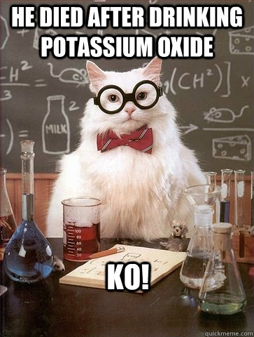 HE DIED AFTER DRINKING POTASSIUM OXIDE KO!  Chemistry Cat