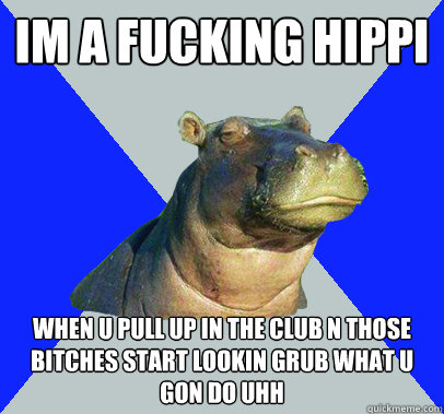 im a fucking hippi when u pull up in the club n those bitches start lookin grub what u gon do uhh  Skeptical Hippo