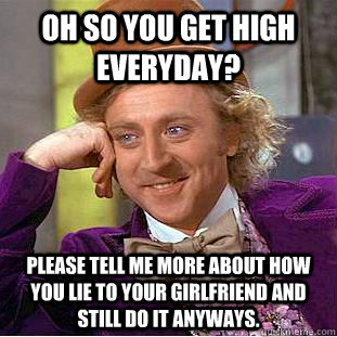 oh so you get high everyday? please tell me more about how you lie to your girlfriend and still do it anyways.  - oh so you get high everyday? please tell me more about how you lie to your girlfriend and still do it anyways.   Condescending Wonka