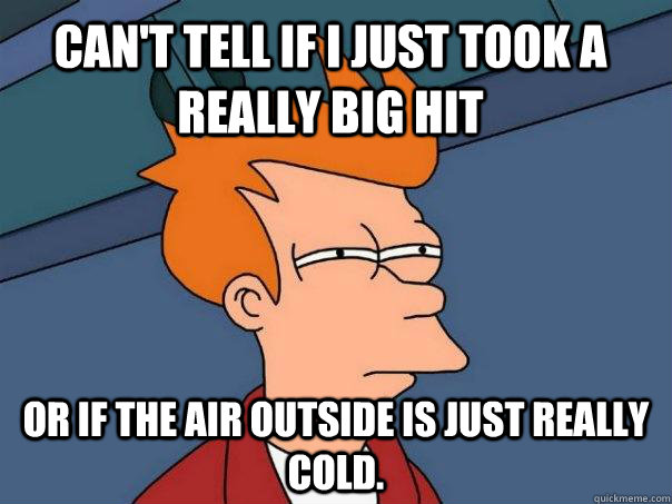 can't tell if I just took a really big hit or if the air outside is just really cold.  Futurama Fry