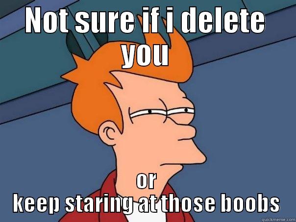 NOT SURE IF I DELETE YOU OR KEEP STARING AT THOSE BOOBS Futurama Fry