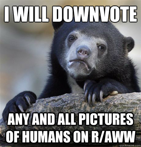 I will downvote  any and all pictures of humans on r/aww  Confession Bear