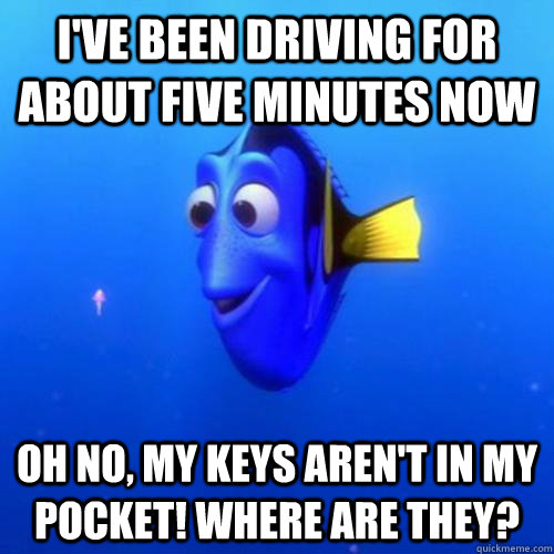 I've been driving for about five minutes now oh no, my keys aren't in my pocket! Where are they?  