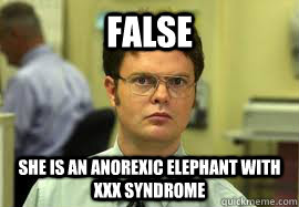 False She is an anorexic elephant with XXX syndrome  Dwight False