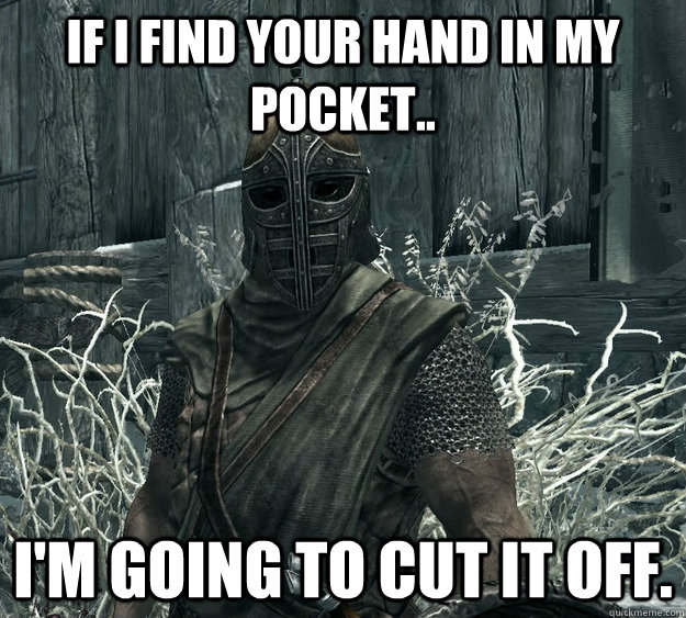 If i find your hand in my pocket.. I'm going to cut it off.  Skyrim Guard