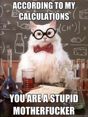 ACCORDING TO MY CALCULATIONS YOU ARE A STUPID MOTHERFUCKER  Chemistry Cat