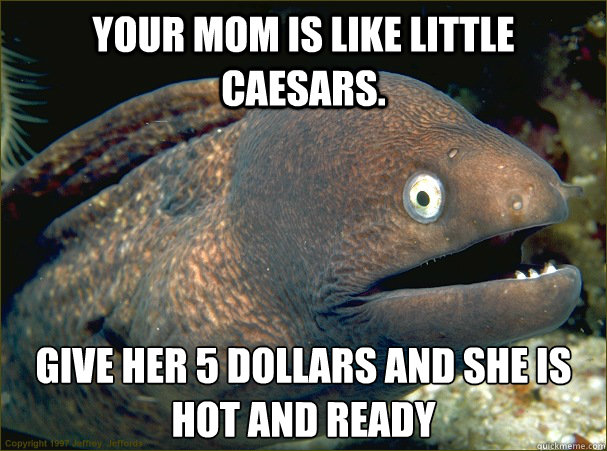 Your mom is like little caesars. Give her 5 dollars and she is hot and ready - Your mom is like little caesars. Give her 5 dollars and she is hot and ready  Bad Joke Eel