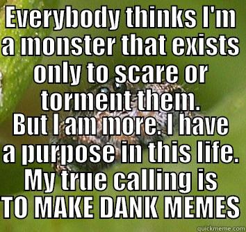 EVERYBODY THINKS I'M A MONSTER THAT EXISTS ONLY TO SCARE OR TORMENT THEM. BUT I AM MORE. I HAVE A PURPOSE IN THIS LIFE. MY TRUE CALLING IS TO MAKE DANK MEMES Misunderstood Spider