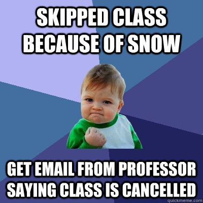 Skipped class because of snow Get email from Professor saying class is cancelled  Success Kid