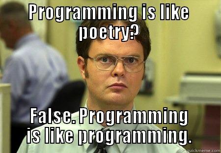 PROGRAMMING IS LIKE POETRY? FALSE. PROGRAMMING IS LIKE PROGRAMMING. Dwight