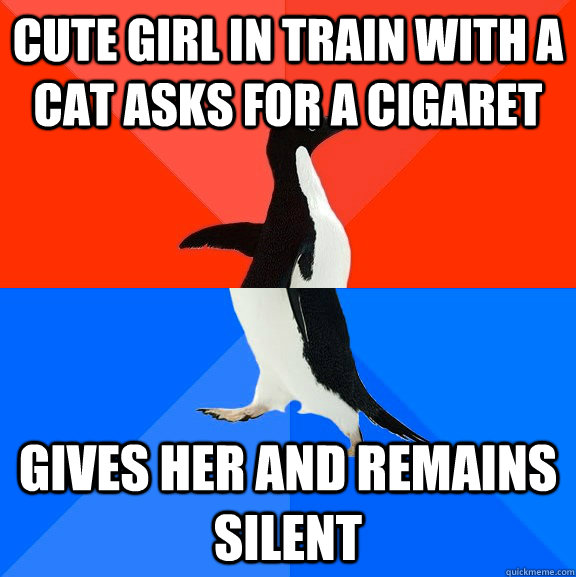 Cute girl in train with a cat asks for a cigaret Gives her and remains silent - Cute girl in train with a cat asks for a cigaret Gives her and remains silent  Socially Awesome Awkward Penguin