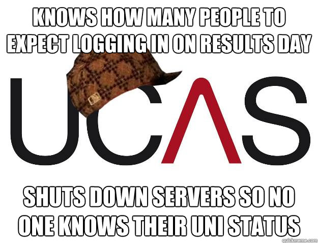 Knows how many people to expect logging in on results day Shuts down servers so no one knows their uni status - Knows how many people to expect logging in on results day Shuts down servers so no one knows their uni status  Scumbag UCAS