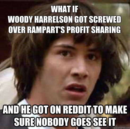 What if 
Woody Harrelson got screwed 
over Rampart's profit sharing and he got on reddit to make sure nobody goes see it   conspiracy keanu