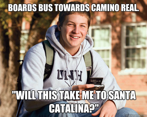 Boards bus towards Camino Real. 