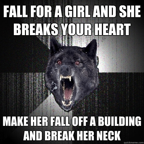 Fall for a girl and she breaks your heart Make her fall off a building and break her neck  Insanity Wolf