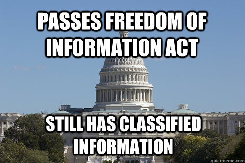 Passes Freedom of information act Still has classified information  Scumbag Congress