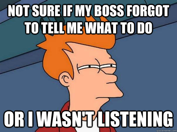 Not sure if my boss forgot to tell me what to do Or I wasn't listening - Not sure if my boss forgot to tell me what to do Or I wasn't listening  Futurama Fry