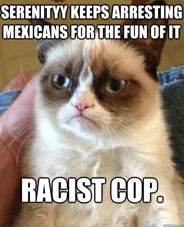 Serenityy Keeps arresting mexicans for the fun of it racist cop.  Grumpy Cat