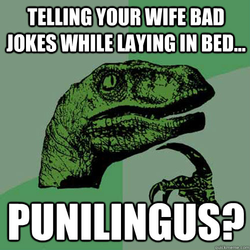 Telling your wife bad jokes while laying in bed... Punilingus?  Philosoraptor