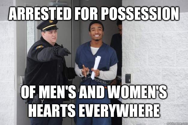 Arrested for possession  Of men's and women's hearts everywhere   Ridiculously Photogenic Prisoner