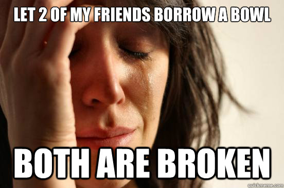 Let 2 of my friends borrow a bowl Both are broken - Let 2 of my friends borrow a bowl Both are broken  First World Problems